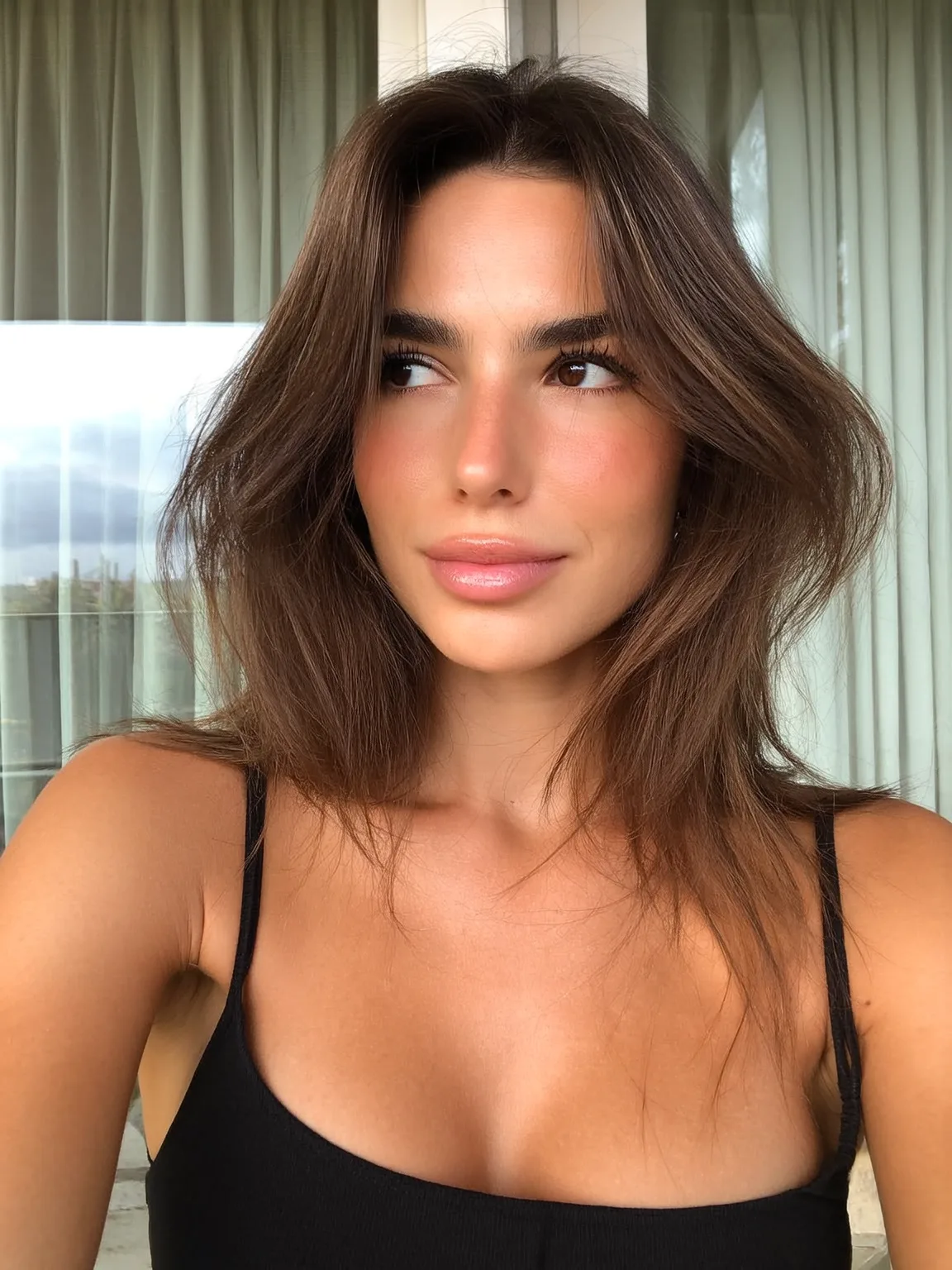 Blow-Dried Layered Wavy Lob with Curtain Bangs
